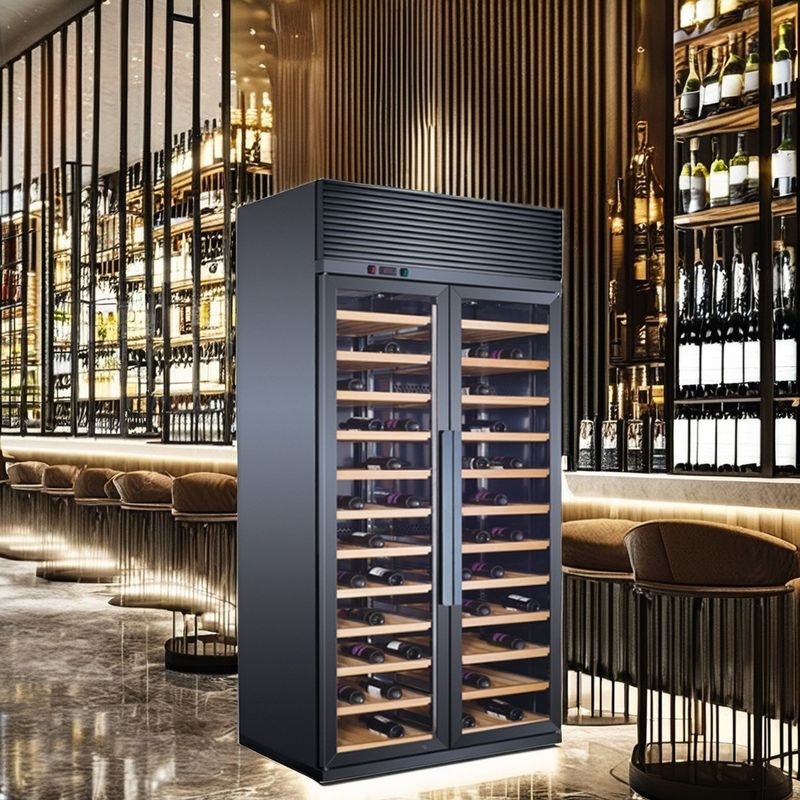 220V Electric Air-Cooled Stainless Steel Wine Display Refrigerator 300-Liter Capacity with Gold Finish LED Light Glass Door