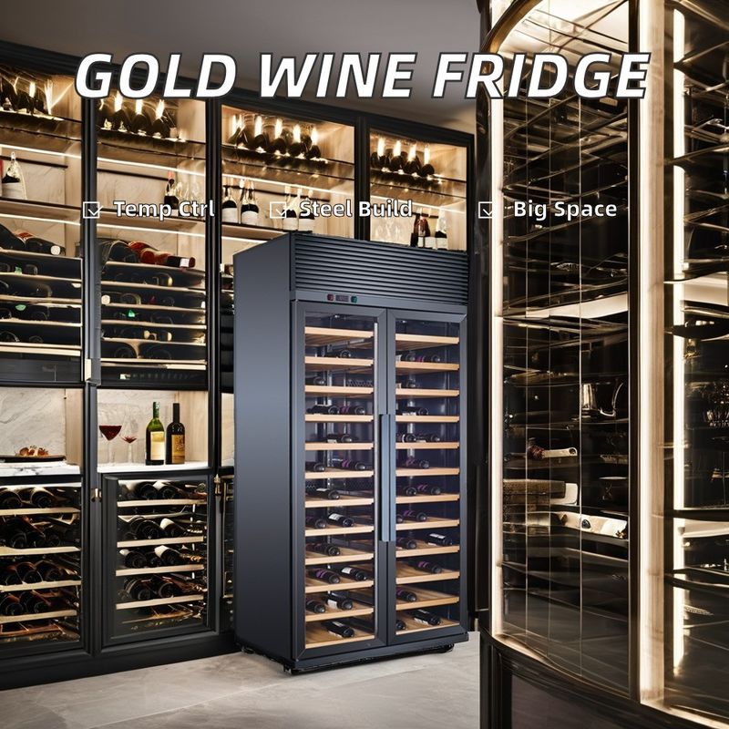 220V Electric Air-Cooled Stainless Steel Wine Display Refrigerator 300-Liter Capacity with Gold Finish LED Light Glass Door