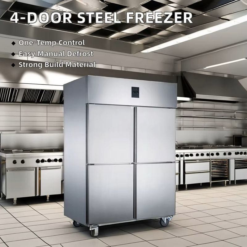 Commercial Restaurant Kitchen 4-Door Stainless Steel Upright Freezer LED Lighting Easy Cleaning Vertical Refrigeration Equipment