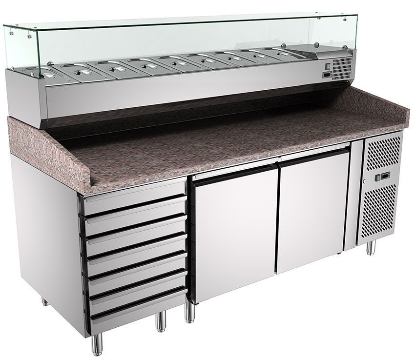 Commercial Kitchen Pizza Salad Prep 201/304 Table Large Capacity Stainless Steel  Refrigerator Marble Surface Workbench