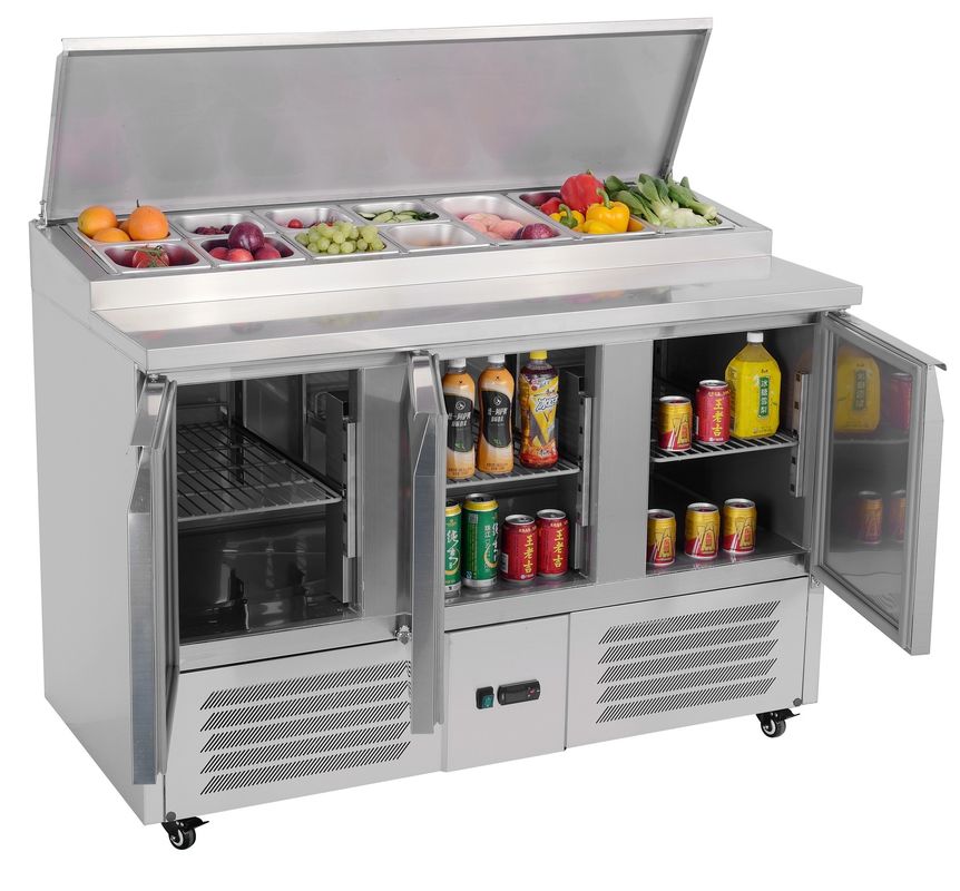 Commercial Kitchen Pizza Salad Prep 201/304 Table Large Capacity Stainless Steel  Refrigerator Marble Surface Workbench