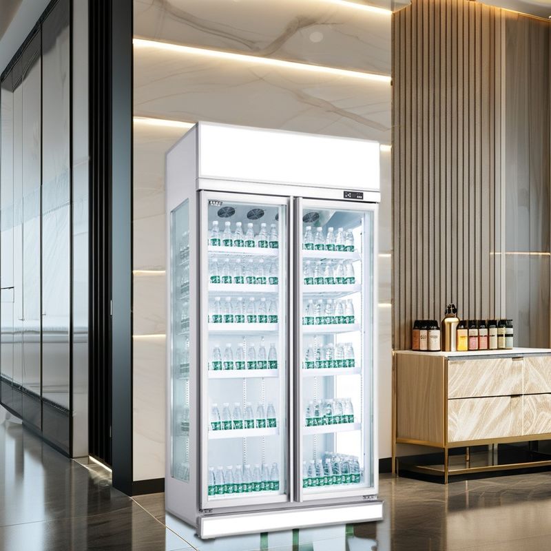 Commercial 220V Single-Temperature LED Light Glass-Freezer Double-Door Beverage Cooler Digital Hotel Display Drinks Storage
