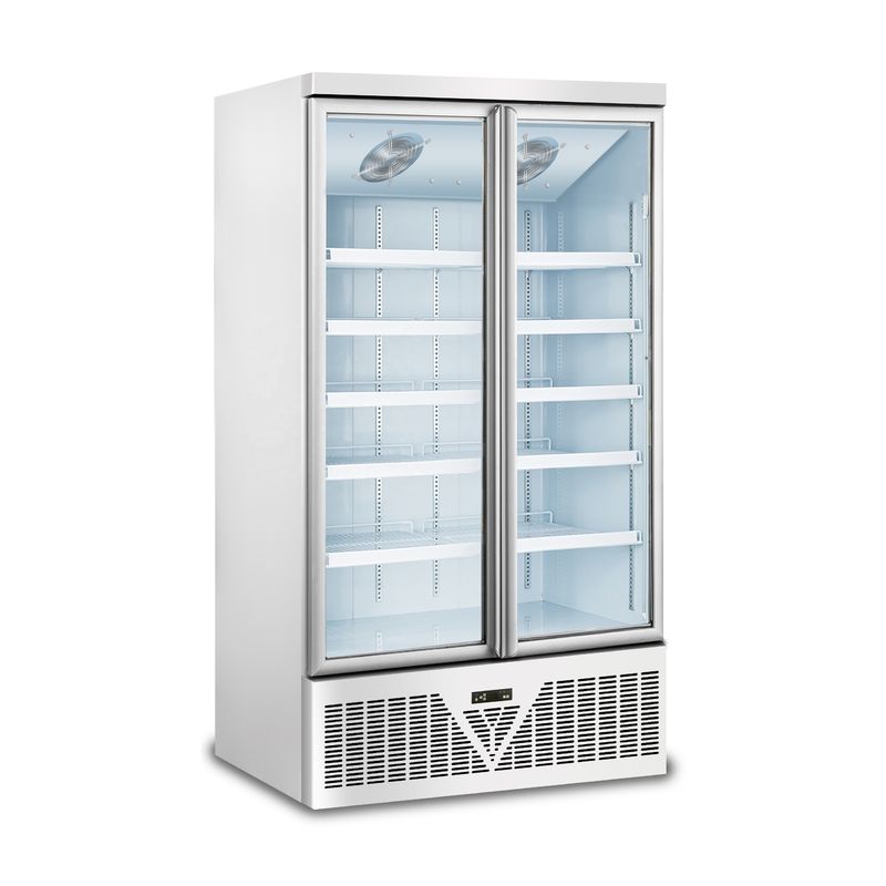 Commercial Double-Door Vertical Chiller Ice Cream Freezer with Adjustable Shelves LED Lighting Supermarket Cold Storage Display
