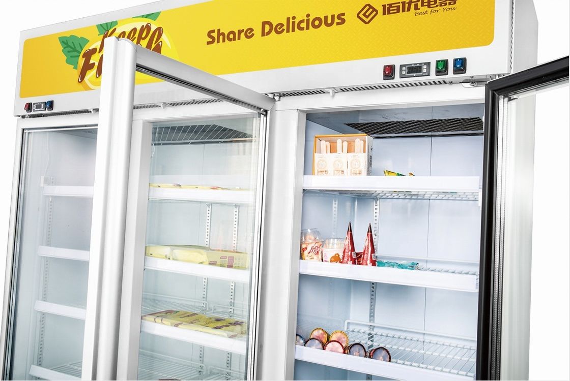 Commercial Double-Door Vertical Chiller Ice Cream Freezer with Adjustable Shelves LED Lighting Supermarket Cold Storage Display