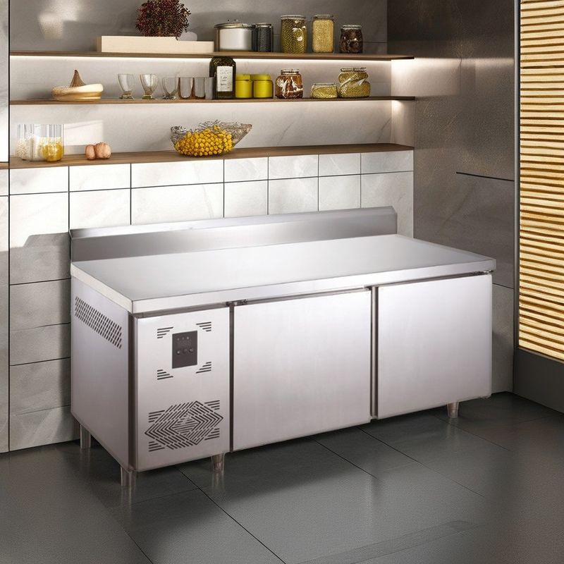 Commercial 2-Door Counter Refrigerator LED Lighting 383L Stainless Steel Worktop Glass for Supermarkets Kitchens Digital Kitchen