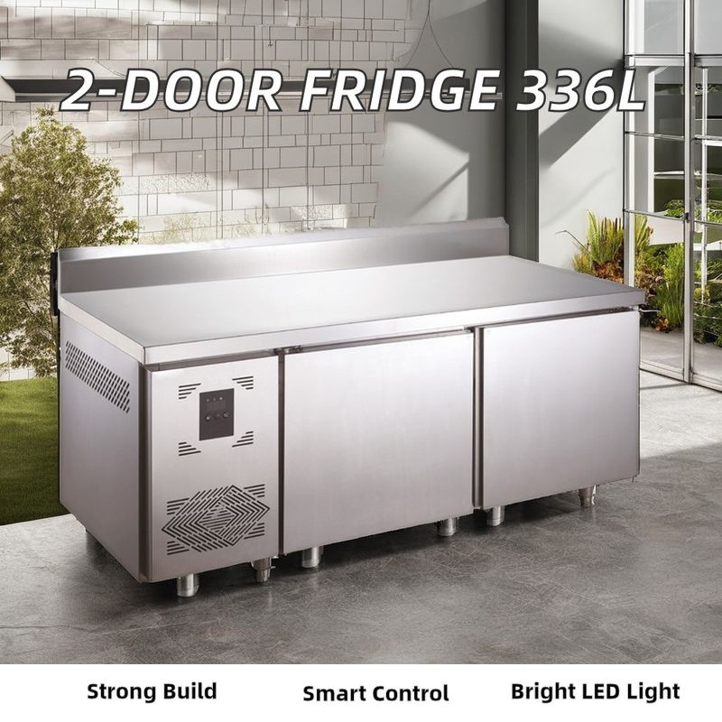 Commercial 2-Door Counter Refrigerator LED Lighting 383L Stainless Steel Worktop Glass for Supermarkets Kitchens Digital Kitchen