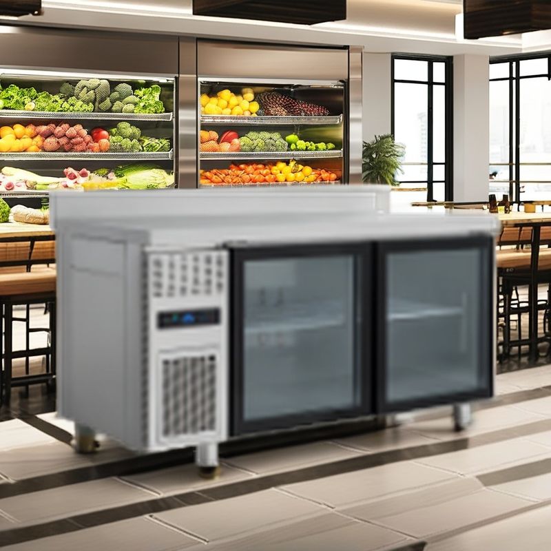 Commercial Single-Temperature Undercounter Worktop Chiller Cooler Two Open Glass Door Kitchen Display Hotel Bar Refrigeration