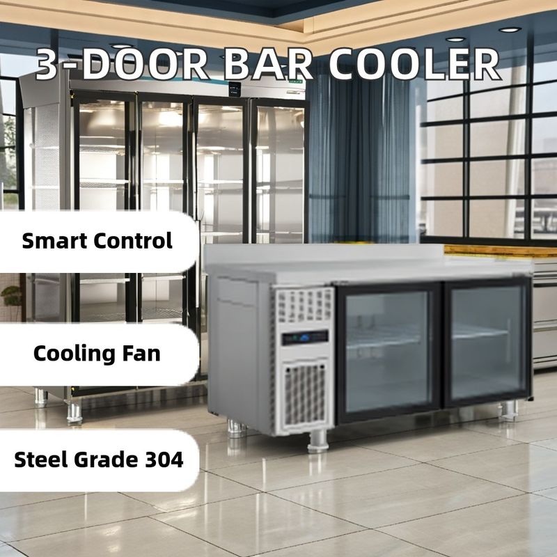 Commercial Single-Temperature Undercounter Worktop Chiller Cooler Two Open Glass Door Kitchen Display Hotel Bar Refrigeration