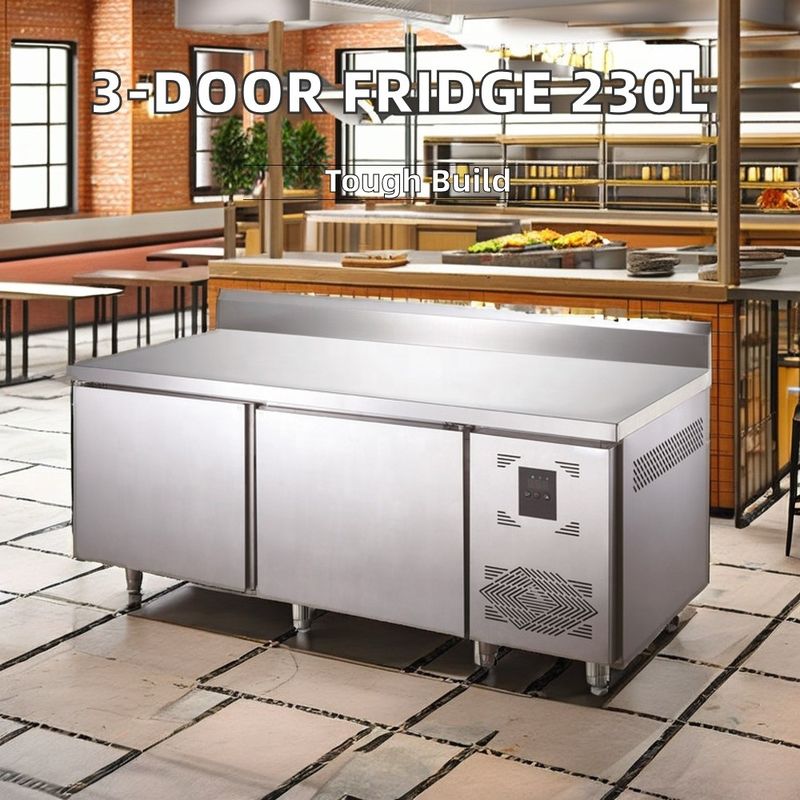 Commercial Kitchen Counter Refrigerator LED Lighting 336L Capacity Stainless Steel Worktop Glass Cooling Single-Temperature